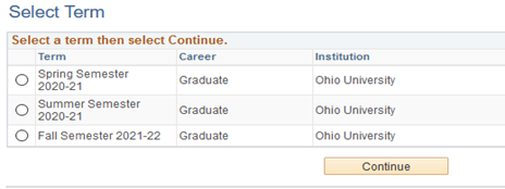 Image of Select Term Screen in Student Center