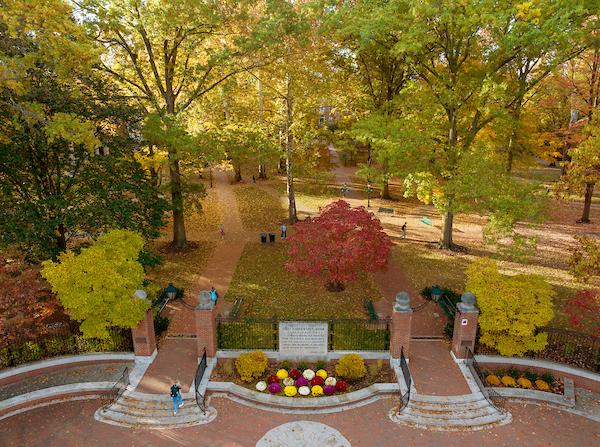 An aerial view of College Gateway in the fall.