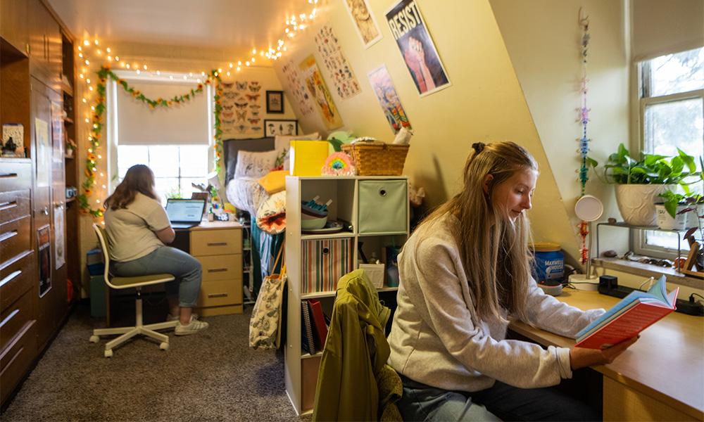 Two students sit at their desks in their dorm room.