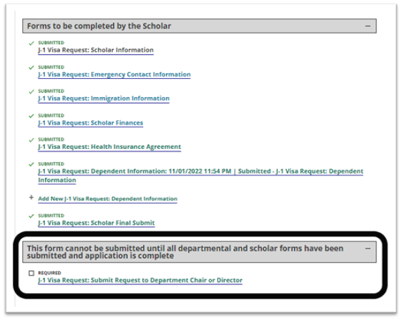 A screenshot of the center of the system's screen highlighting the area to find the "J-1 Visa Request, Submit Request to Department Chair or Director" option.