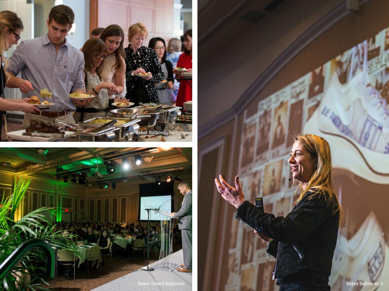 students eating from a buffet in Baker Ballroom, another picture of a speaker in Baker Ballroom and last picture of a female addressing a crowd in Baker Ballroom