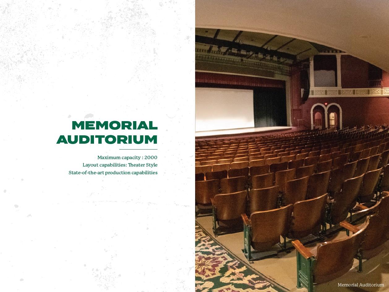 an empty view of Memorial Auditorium seats and text about the space to the left side