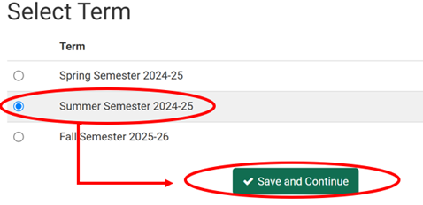 Schedule Planner Select Term with Save and Continue Button