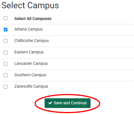 Select Campus with Save and Continue Button