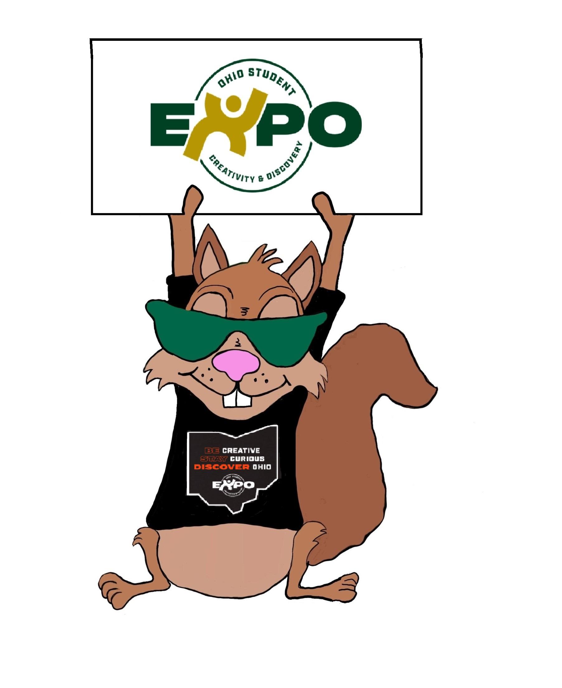 Squirrel in an Expo T-shirt holding an Expo Sign