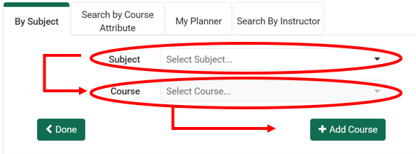 Subject and Course Number Drop Down with +Add Course Button