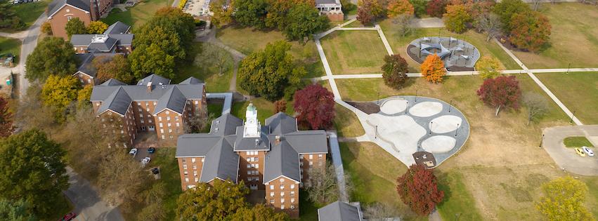 aerial view of Paw Print Park and Back South residence halls on South Green in the autumn