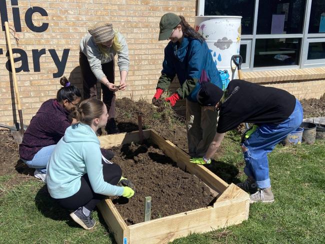 Students work in a garden at a library