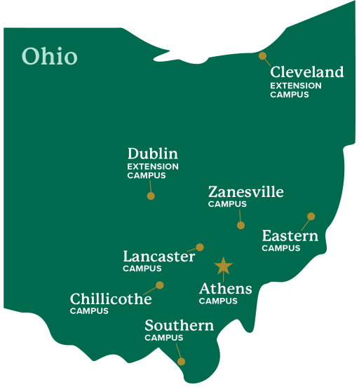 map of the state of Ohio with indicators for each Ohio University campus