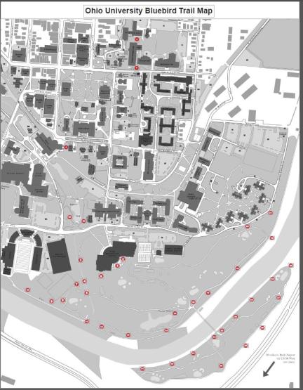 Map of Ohio University Bluebird Trail showing locations of bluebird boxes