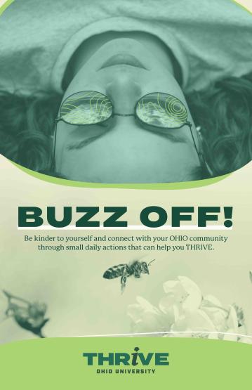 THRIVE poster that says "buss off! Be kinder to yourself and connect with your OHIO community through small daily actions that can help you thrive."