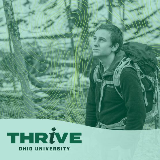 A student hikes through the woods on a graphic for the THRIVE well-being campaign
