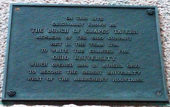 The Bunch of Grapes Tavern plaque where in 1786 members of the Ohio Company met to write the charter for Ohio University.