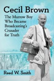Black and white image of Cecil Brown with blue skies and radio waves in background.