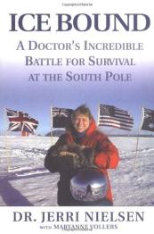 Woman standing in thick red coat in snowy landscape with United States flags behind
