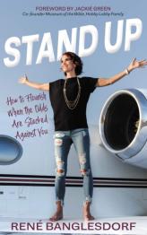 Woman standing on airplane with arms spread wide.