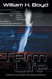 Silhouette of man's face in background with computer language running across front of cover.