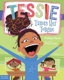 Animated girl with mouth open and arms open wide with two kids in background with their heads down.