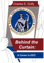 Hand pulling back curtain revealing Lady Justice wearing sunglasses, nose and mustache prop.