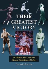 Blue with cut outs of athlete photos around centered title.