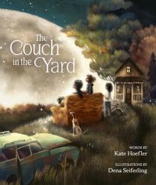 Illustration of family and dog in front yard with couch looking at the moon.