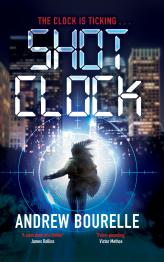 Shadow of woman running on cover with city buildings in background and she's in crosshairs.