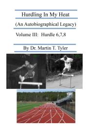 Black and white photos on cover of person jumping over hurdles on a track.