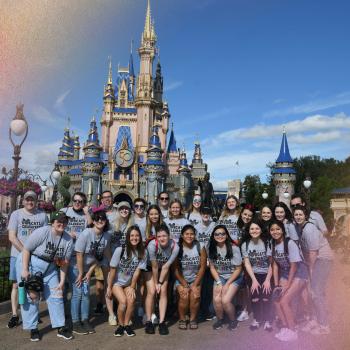 Group of students in front of the Disney castle. 
