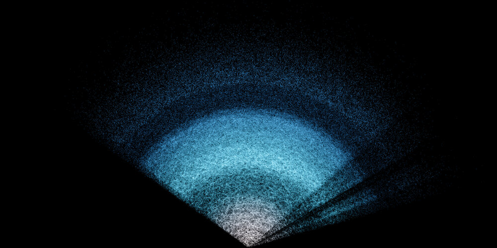 A fan of white and blue points on a black background.