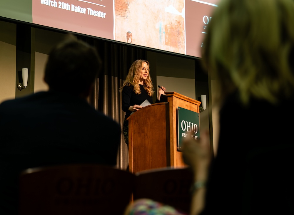 The poet Deborah Landau speaks at the Spring Literary Festival