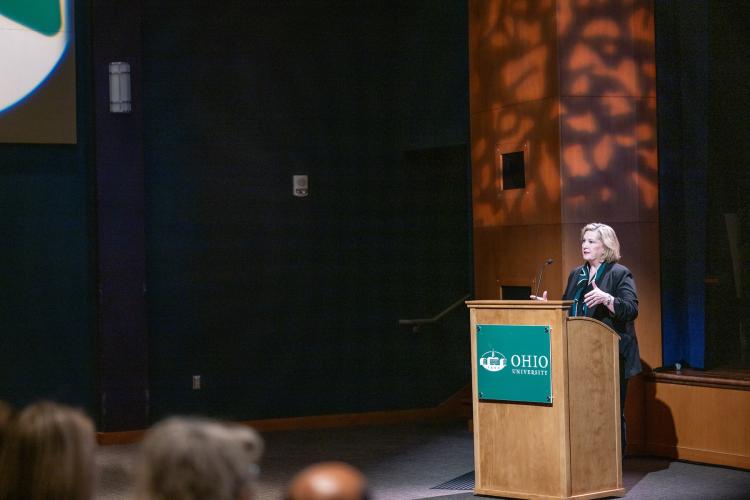 President Gonzalez speaks at the University Updates event in the Baker University Center Theater