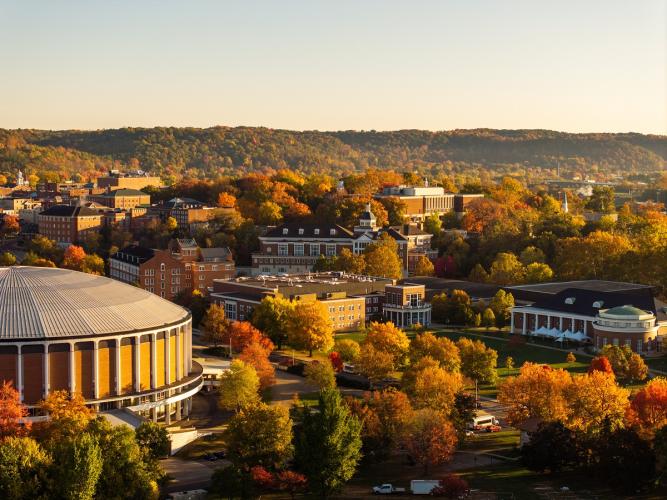 An aerial image of Ohio University and Athens, Ohio in the Fall
