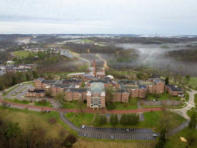 Spring 2024 aerial view of the Athens, Ohio campus at Ohio University