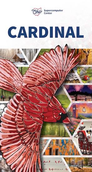 Final endcap design of a cardinal with its wings spread, over a mosaic of other images