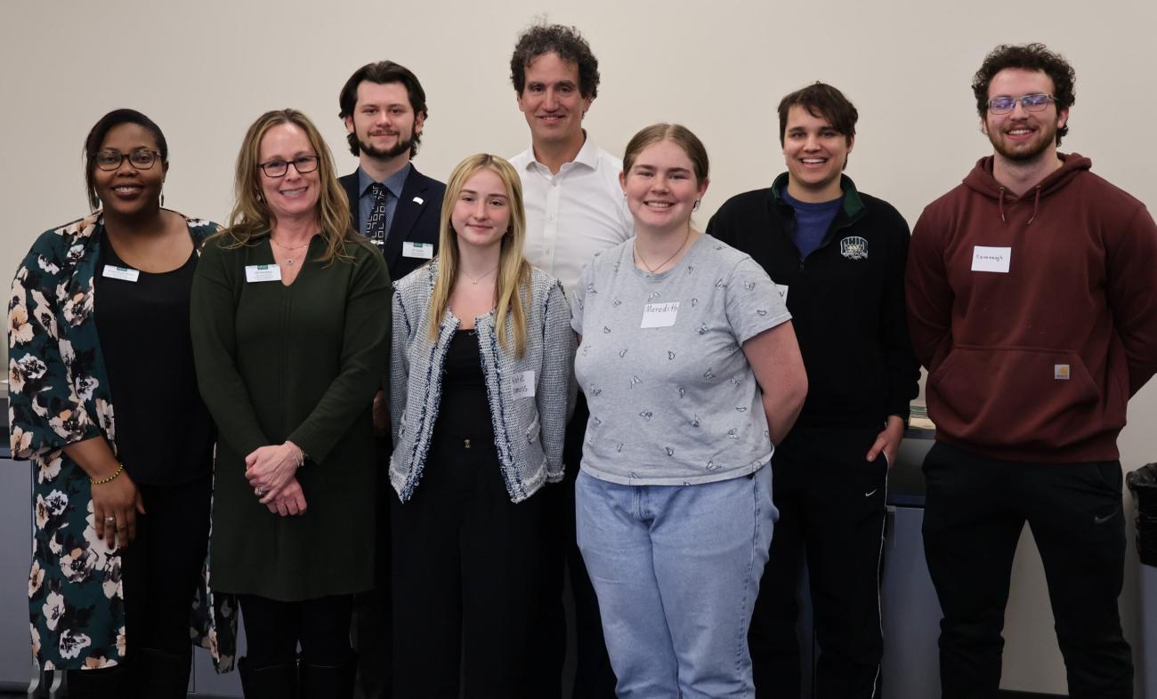 OHIO students, faculty and staff pose for a photo at the How to Get Hired panel event at Ohio University during National Engineers Week