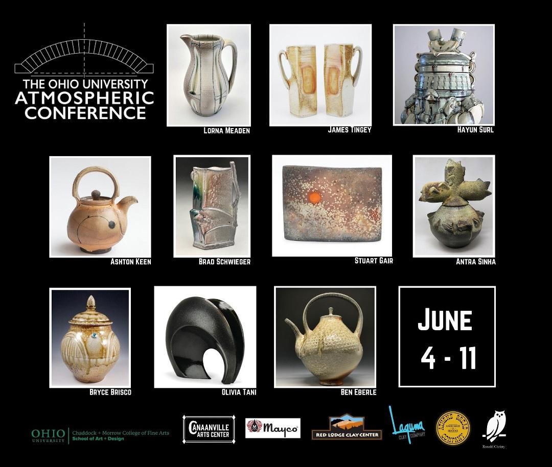 graphic for the 俄亥俄大学大气会议 with images of 11 ceramic pieces on a black background and logos of sponsors: 迦南维尔艺术中心, Mayco, Red Lodge Clay Center, Laguna Clay Co., 雅典 Bread Co., and Ronald Christy