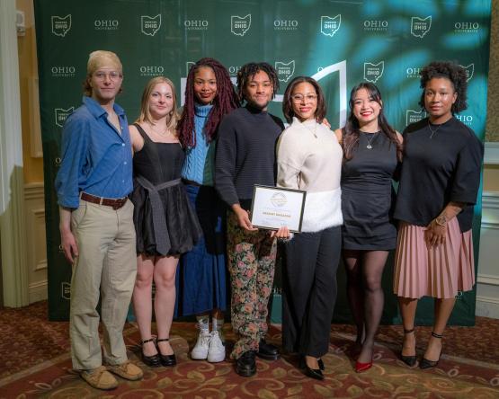OHIO students involved with VARIANT Magazine pose with their award at the 2025 Leadership Awards