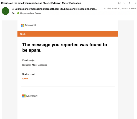 A screenshot of a message that says "The message your reported was found to be spam."