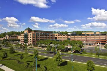 Kettering Health main campus, tall buildings and trees