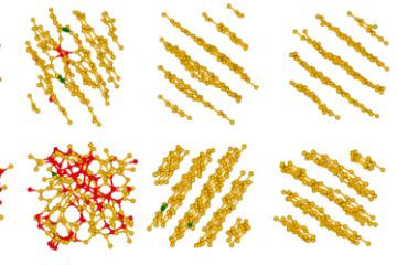 Time series (left to right) showing two examples of how the random carbons in the artificial “coal” coalesce into graphite-like sheets under pressure and heat. The sheets aren’t perfectly flat because of the formation of a small number of five- and seven-member rings among the six-member rings.