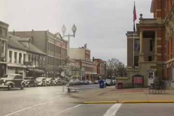 An image from the W.E. Peters collection exhibit of a Court Street and Washington Street in Athens, Ohio