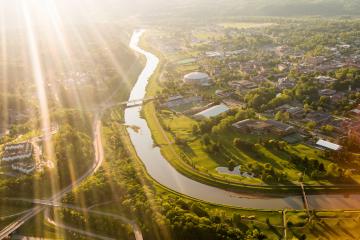 Aerial view of Ohio University's Athens campus at sunset