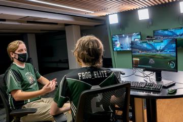 OHIO’s new esports arena, featuring this broadcast booth, is located on the ground floor of Scripps Hall and is already home to some of the courses being taught as part of the University’s esports certificate program. Photo by Ben Wirtz Siegel, BSVC ’02
