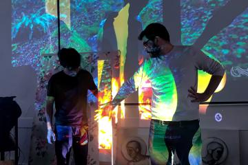 Digital Art + Technology, Professor Basil Masri Zada demonstrating techniques for light, shadow, overlayed projections, and special experiences.    