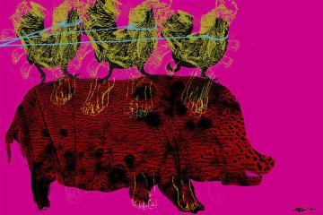 A painting of a pig with chickens on its back on a bright pink background by Ohio alumna Allyson McDuffie