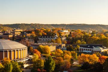 An aerial image Ohio University's Athens campus on a fall day
