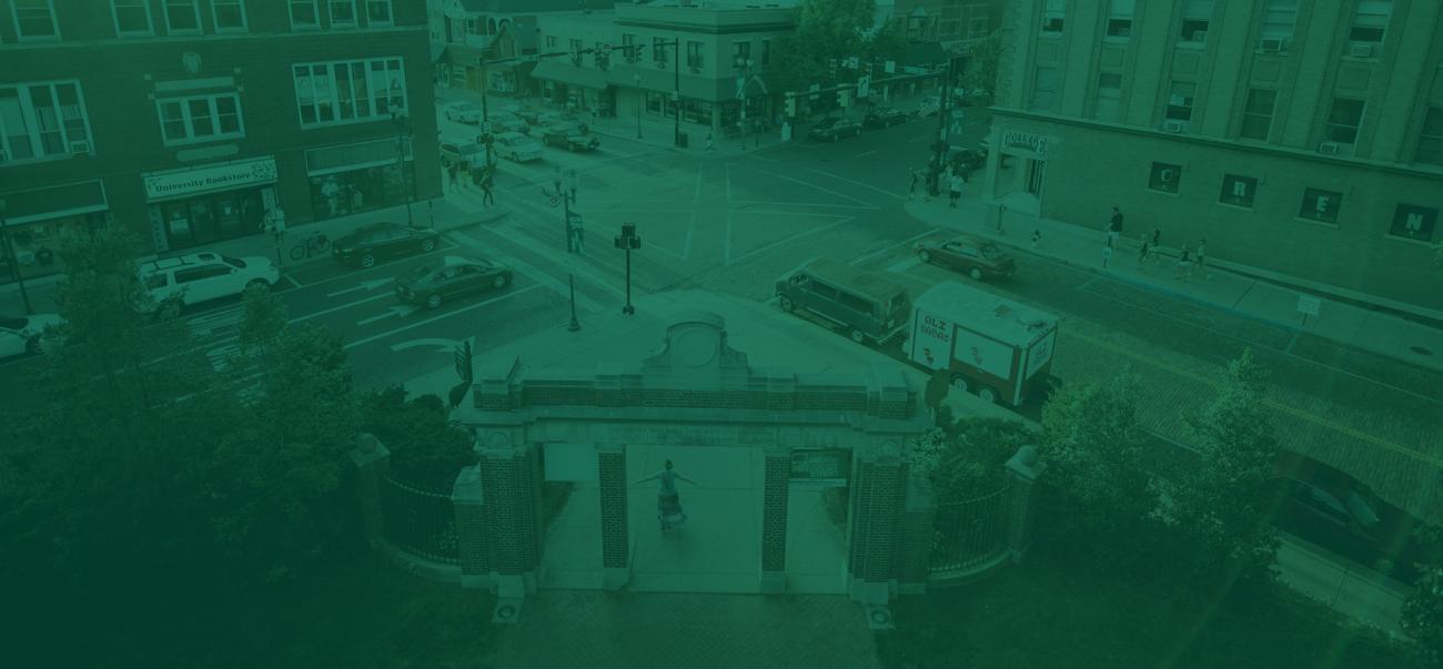 Aerial view of Ohio University's alumni gateway leading into downtown Athens, Ohio